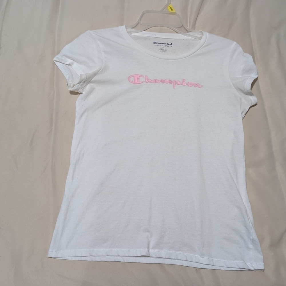 🎀 $5 Champion White T-Shirt with Pink Logo